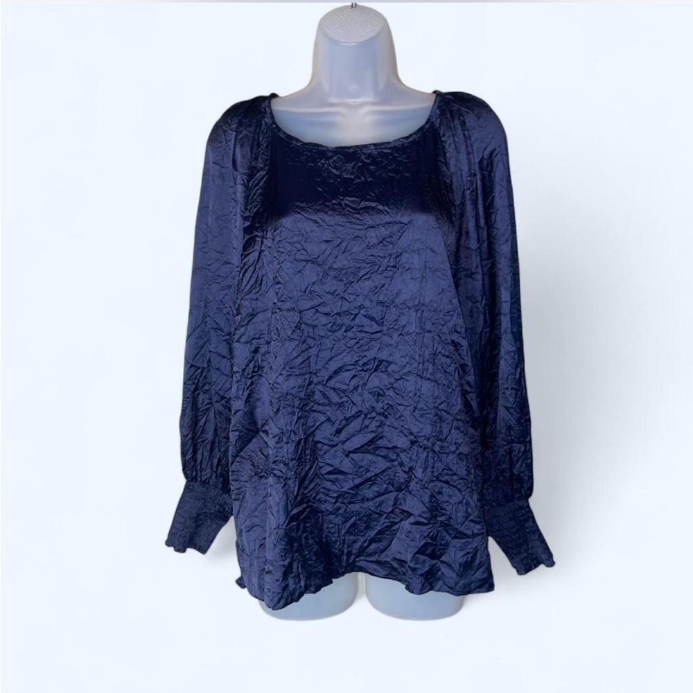 Umgee Navy Crinkle Scoop-Neck Blouse M